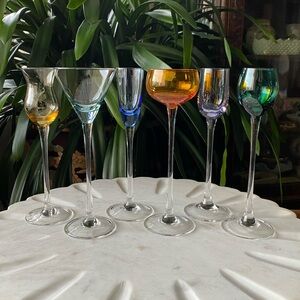 Set of 6 Jewel Multicoloured Cordial Liqueur Glasses Long Stemmed Varying Shapes